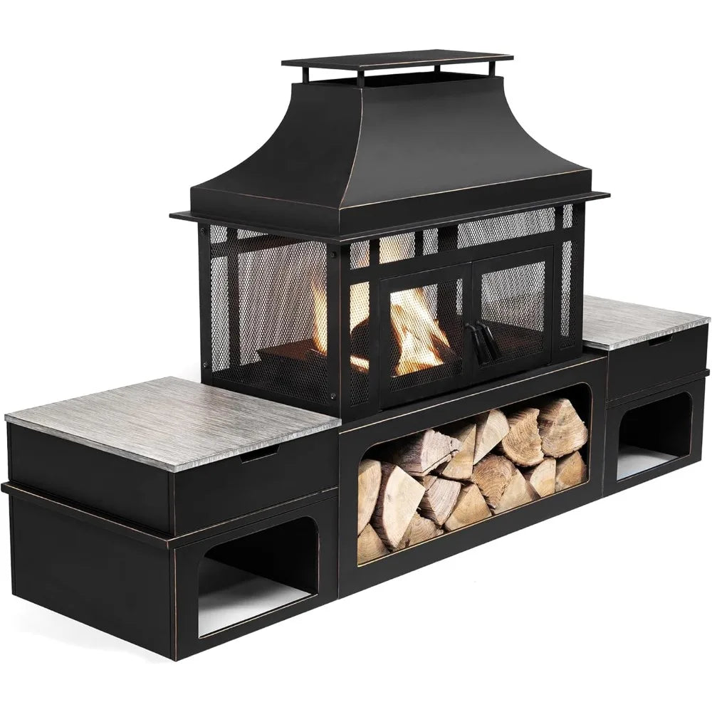 Rimasco 80 Inch Metal Wood Burner Fireplace with Side Storage Tables Smokeless Patio Fire Pit