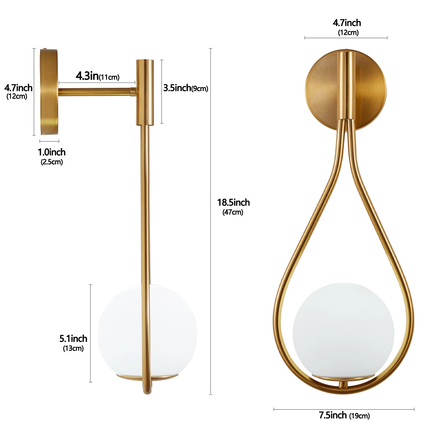 Modern golden wall lamp, white frosted glass ball, medieval design, 2 luxurious wall lamps (no bulbs)