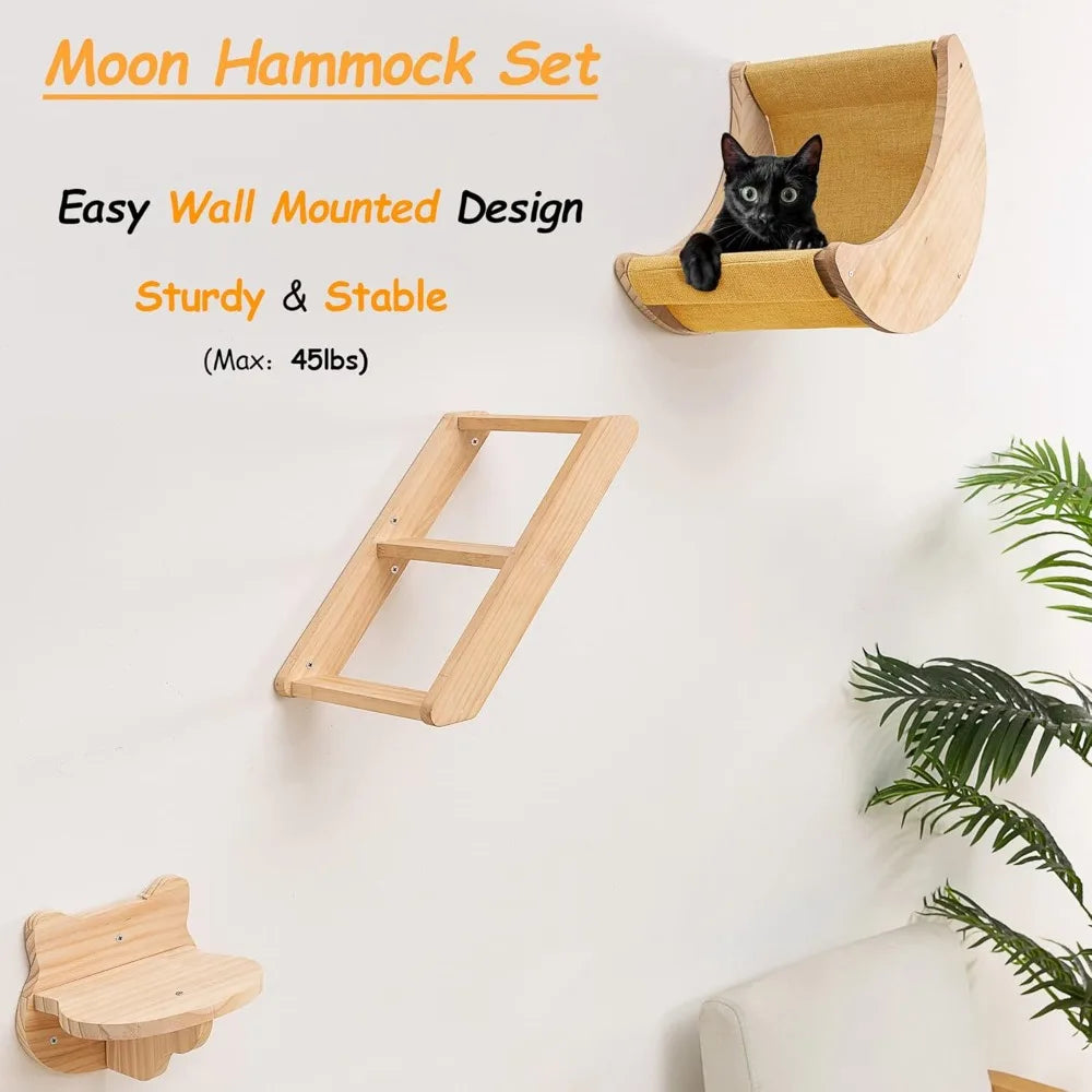 Cat Shelf Wall Hammock Climbing Shelves Solid Wood Cat Steps Indoor Activity Furniture 3pcs Set