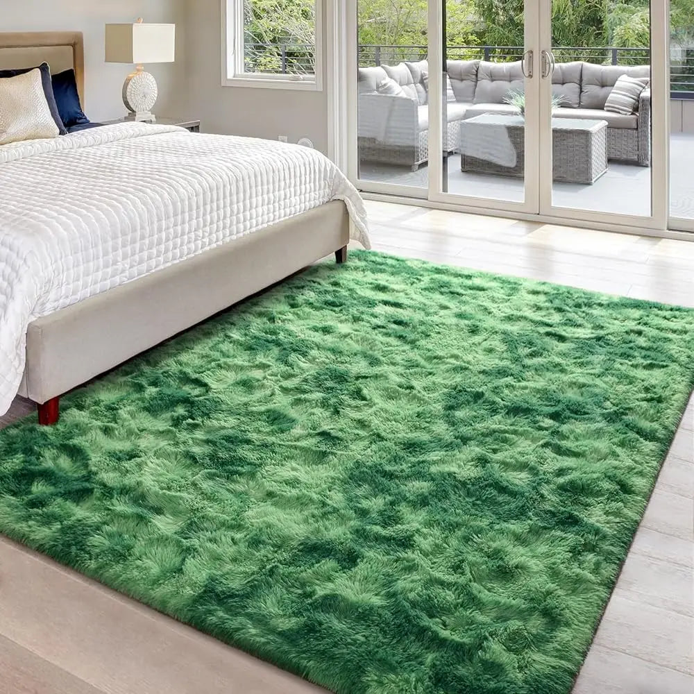 9X12 Large Area Rugs For Living Room, Super Soft Fluffy Modern Bedroom Rug, Tie-Dyed Green Indoor Shag Fuzzy Carpets For Girls