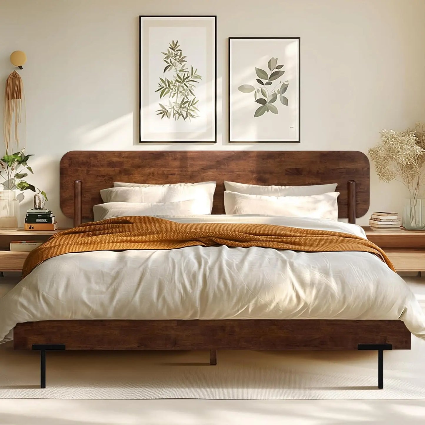 Acacia Frida King Size Bed Frame and Headboard Solid Wood Platform Bed Scandinavian Design 800 Pounds Capacity