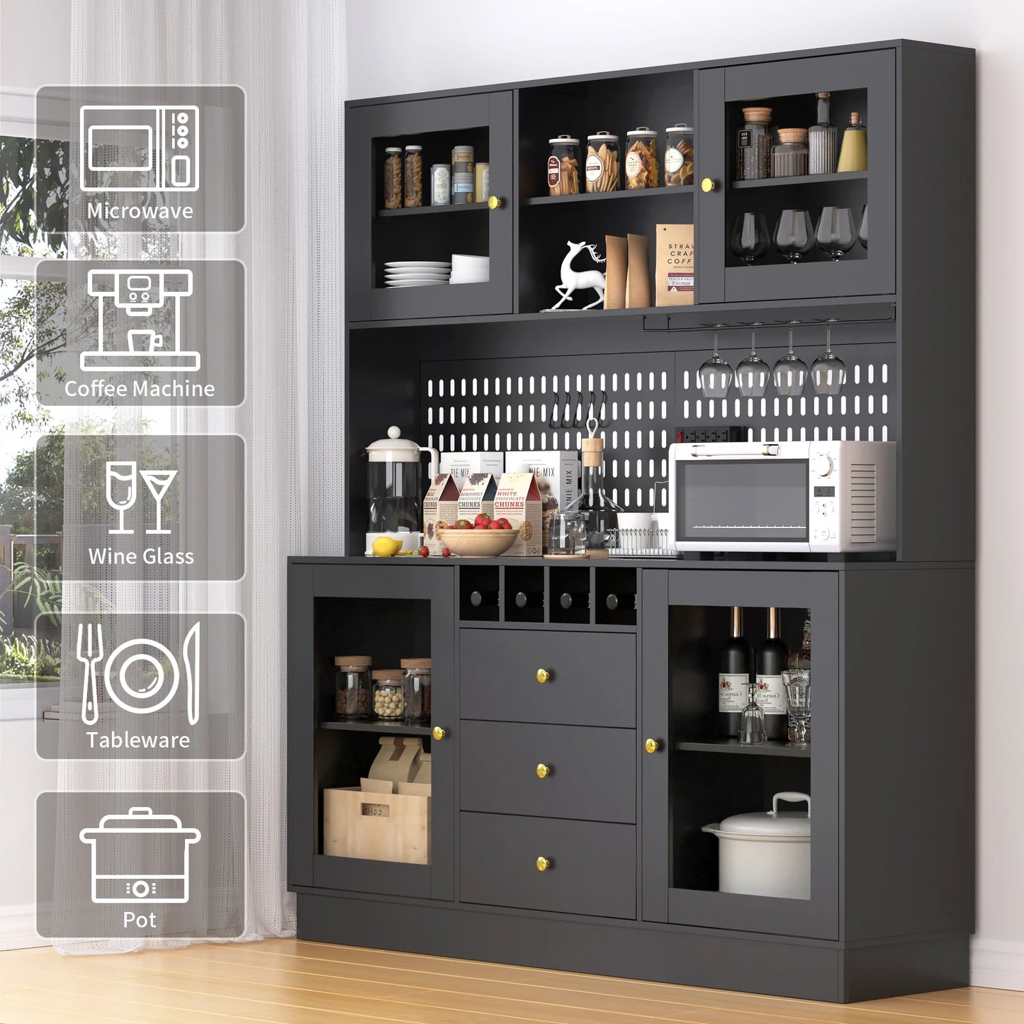 Pantry Cabinet Kitchen Storage Cabinet Freestanding Buffet Hutch with Pegboard Cup Holder Power Outlet Black