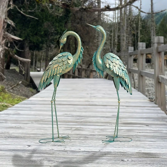 Metal Garden Crane Statues Outdoor Preening Crane Garden Statue Cyan Standing Sculptures For Yard Lawn Pond