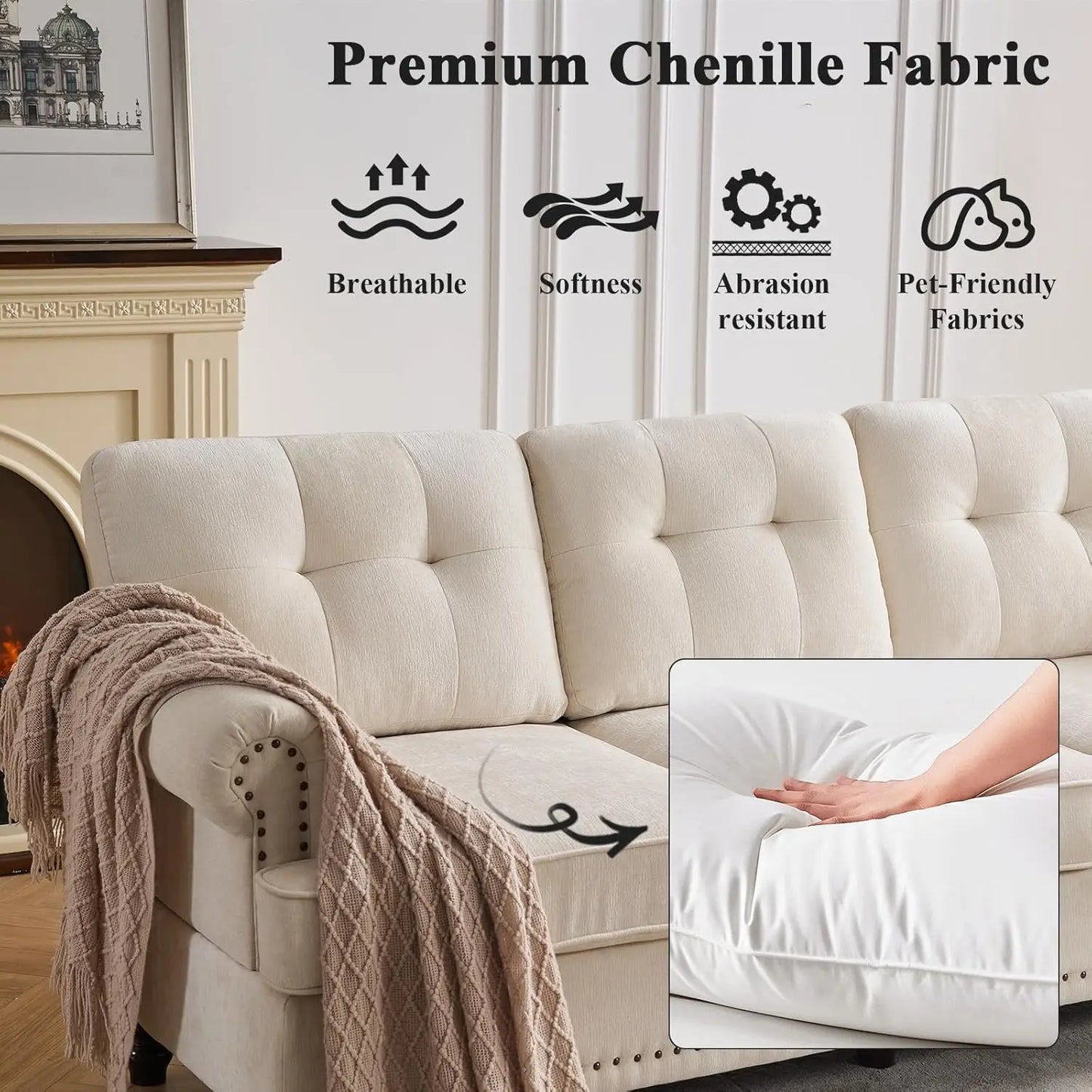 Tufted Sofa Set for Living Room with 3 Seater Couch Loveseat Sofa and Living Room Chairs in Beige with Rivets Rolled Arms and Solid Wood Legs