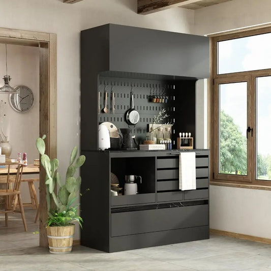 Large Kitchen Pantry Storage Cabinet with Pegboard and Hutch 78.7 Inch Kitchen Buffet Cabinet Cupboard with 9 Drawers in Black