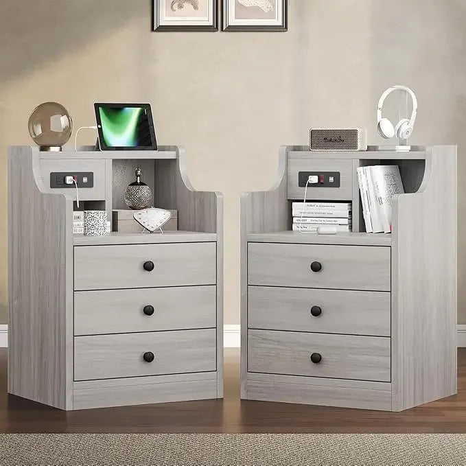 Nightstand with Charging Station and 3 Storage Drawers Modern Bedside Table with Hutch