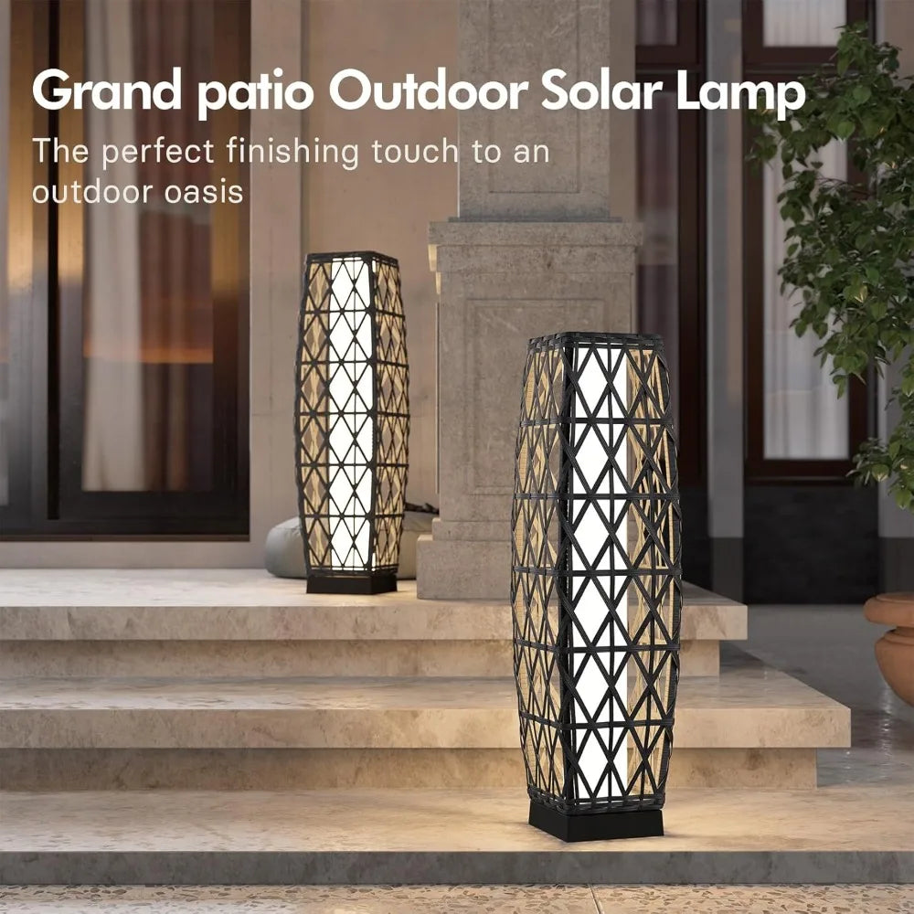 Medium Cindy Outdoor Solar Powered Woven Wicker Lantern Floor Lamp Decoration for Deck Garden Lawn Porch