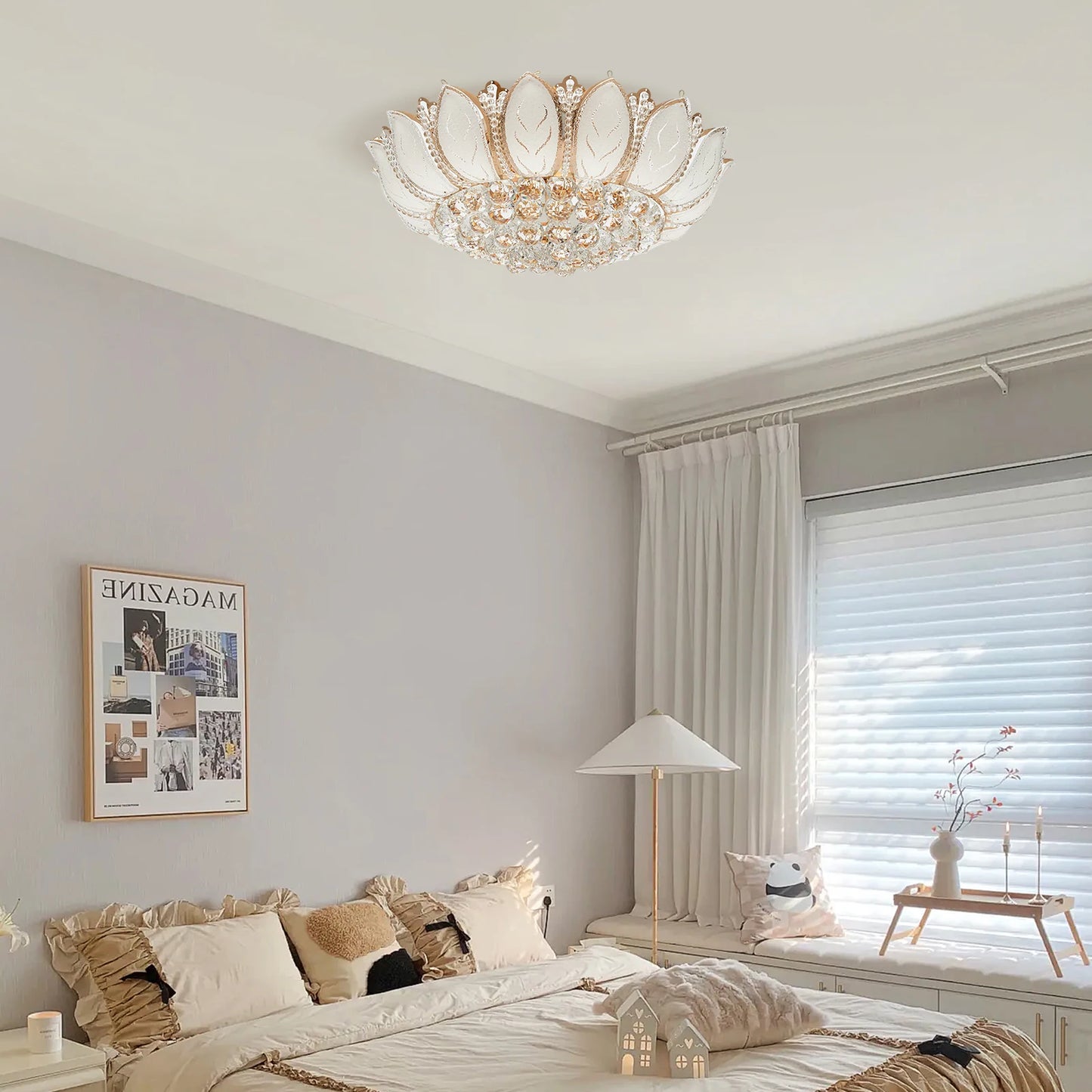 Modern Crystal Chandelier Dimmable Luxury Flush Mount LED Ceiling Lamp Lotus Flower Shape Pendant Lighting Fixture 110V Gold