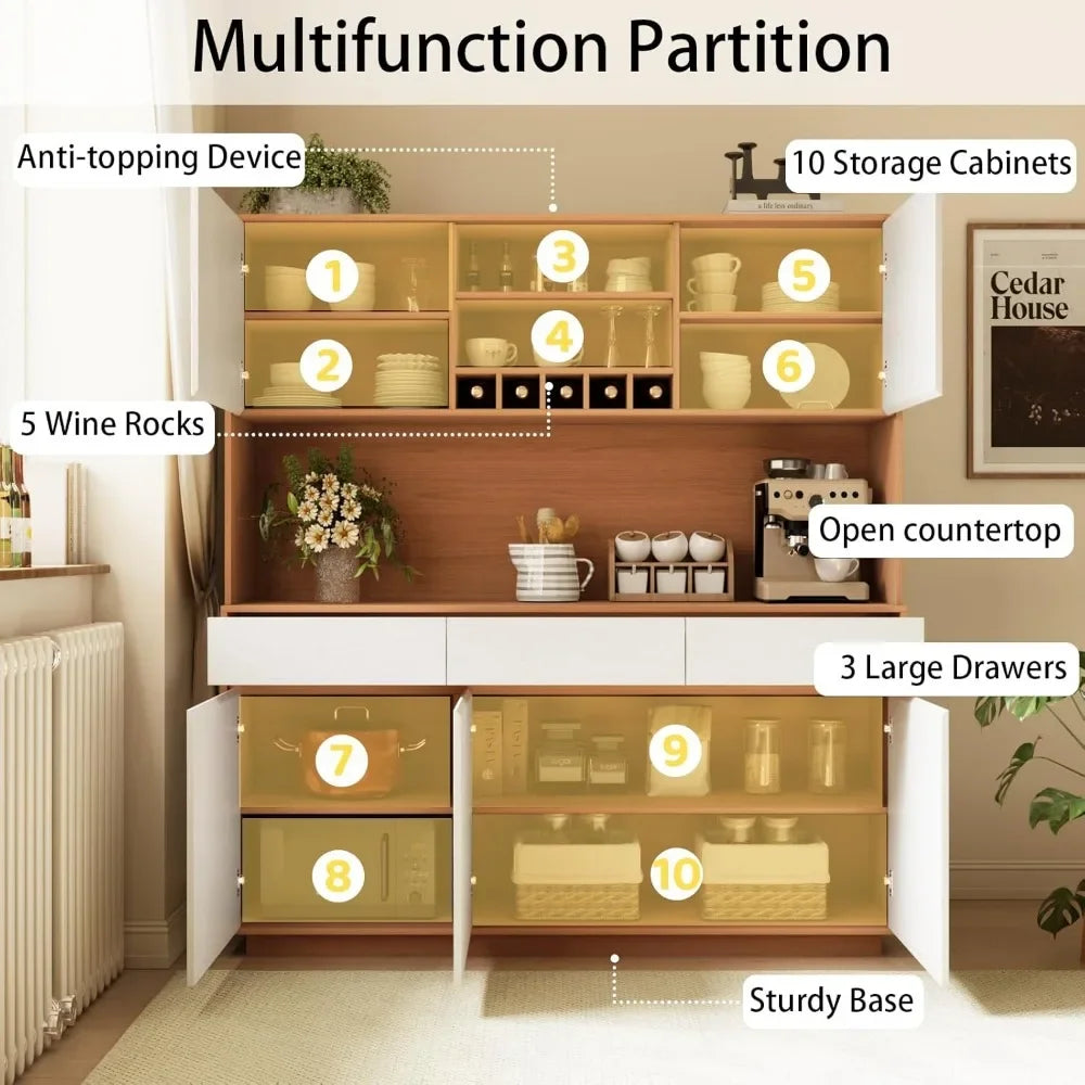 Large Kitchen Pantry Cabinet with 3 Drawers Microwave Shelf and Wine Racks Freestanding Cupboard