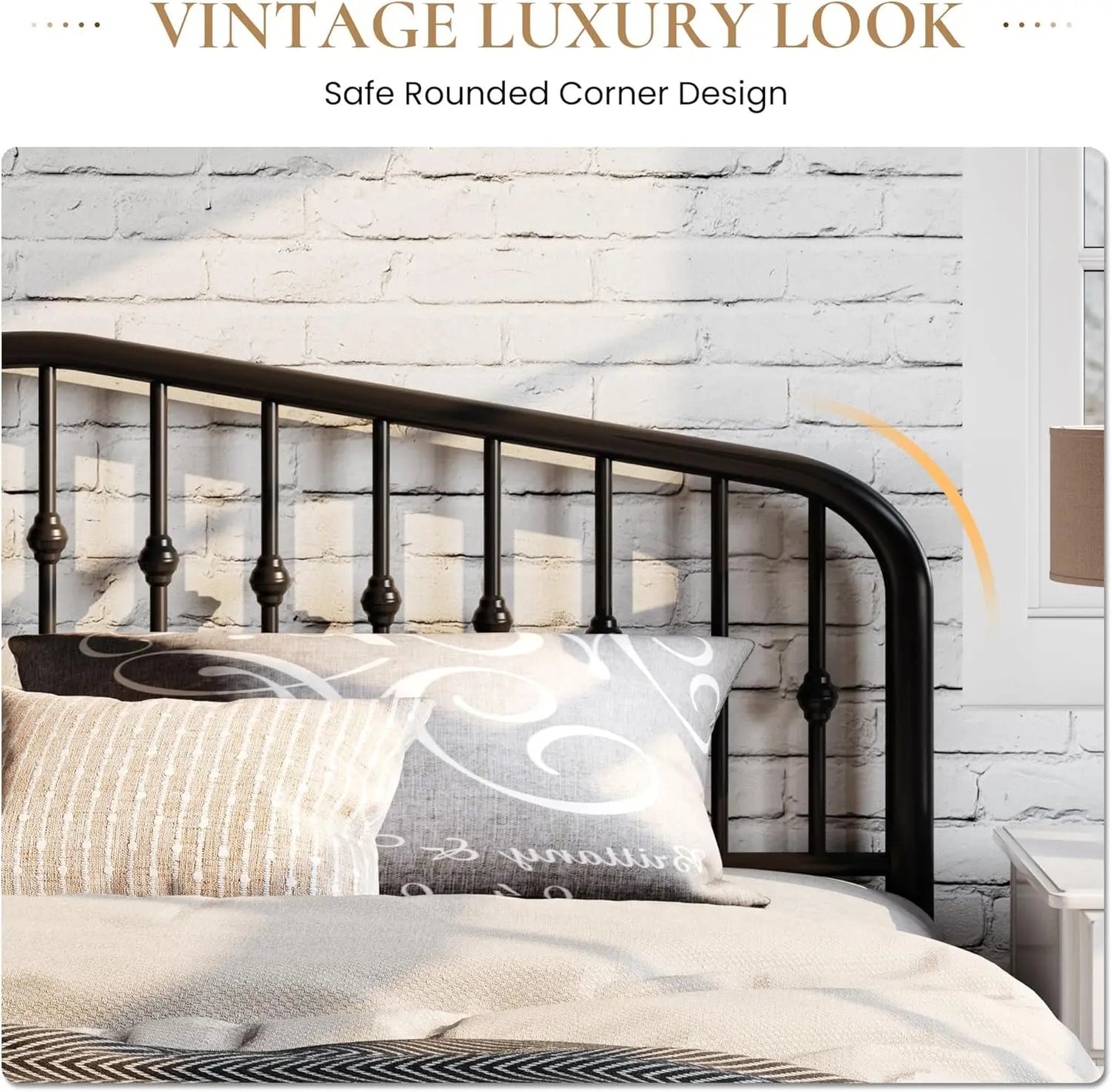 Queen Size Metal Platform Bed Frame with Victorian Style Wrought Iron Headboard and Footboard No Box Spring Required Black