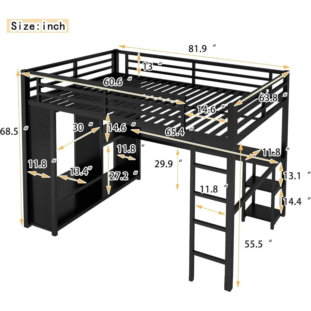 Queen Loft Bed with Desk and Storage Shelves, Queen Loft Bed with Wardrobe, Hanging Rod, Guardrail and Ladder, Balck