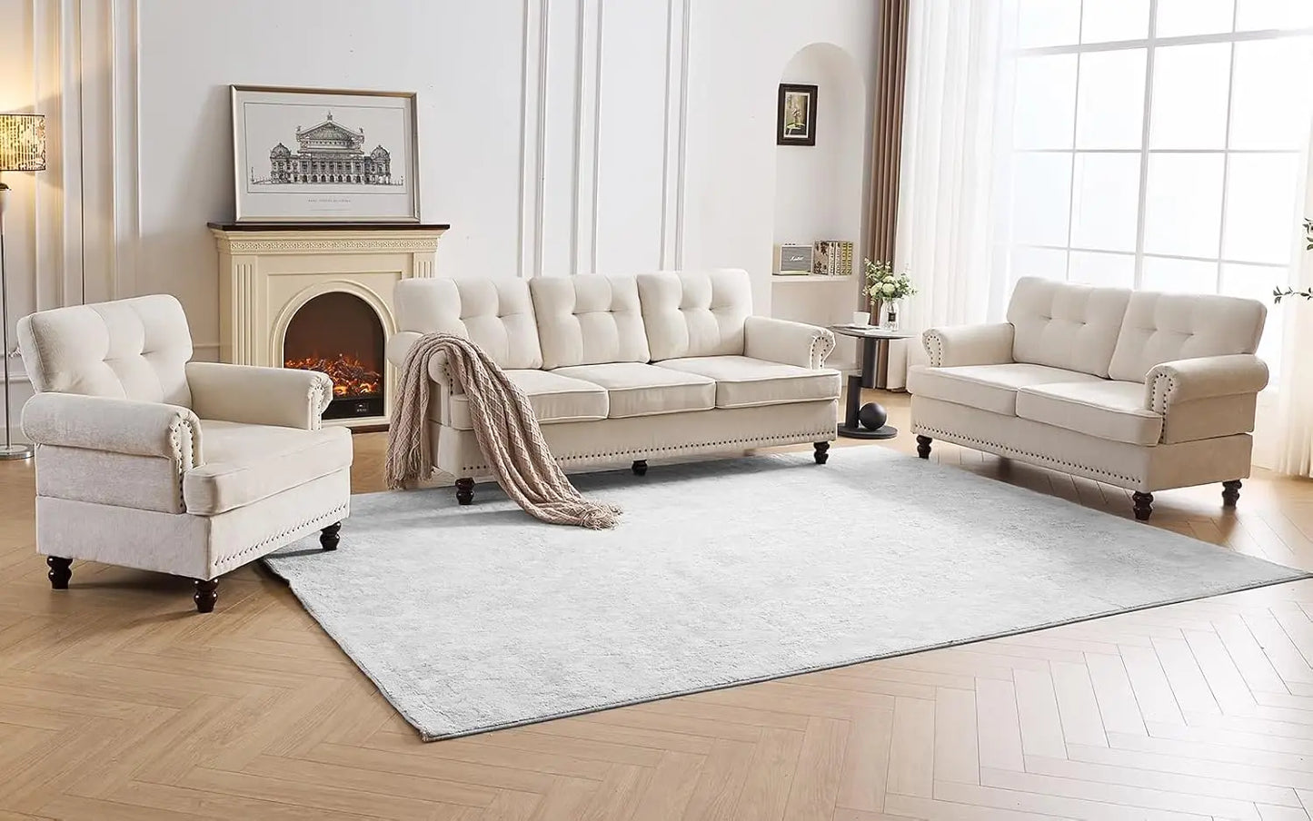 Tufted Sofa Set for Living Room with 3 Seater Couch Loveseat Sofa and Living Room Chairs in Beige with Rivets Rolled Arms and Solid Wood Legs