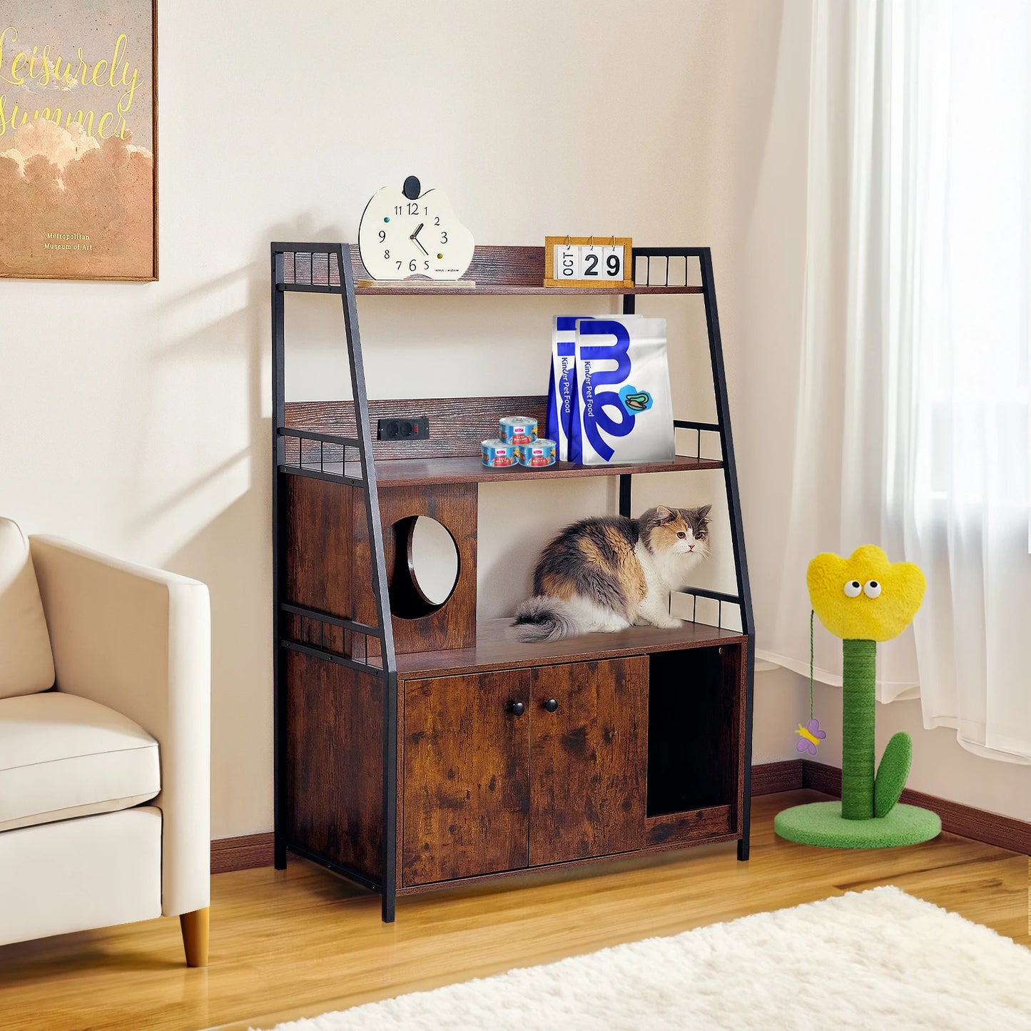 Redlife Cat Litter Box Enclosure w/ 3 Shelves and Doors, 3 in 1 Large Cat House Cabinet Wood Cat Washroom Furniture with Scratch