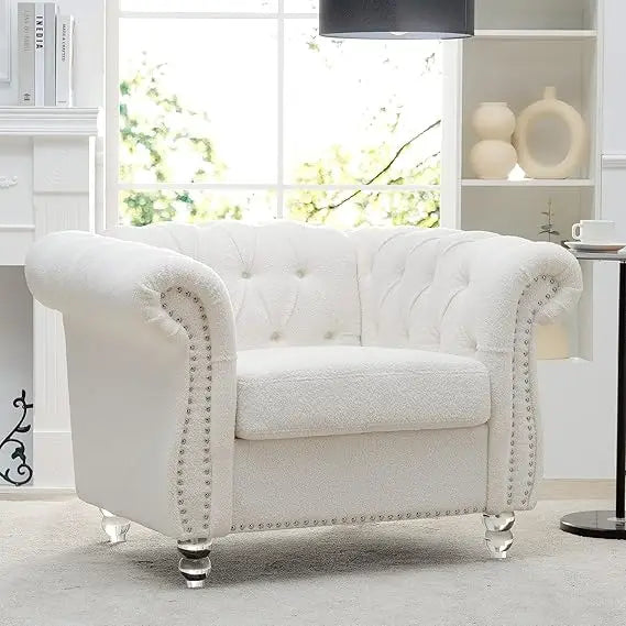 Accent Chair, Chesterfield Chair Modern Velvet Upholstered Chairs with Tufted Back for Living Room Furniture (White)