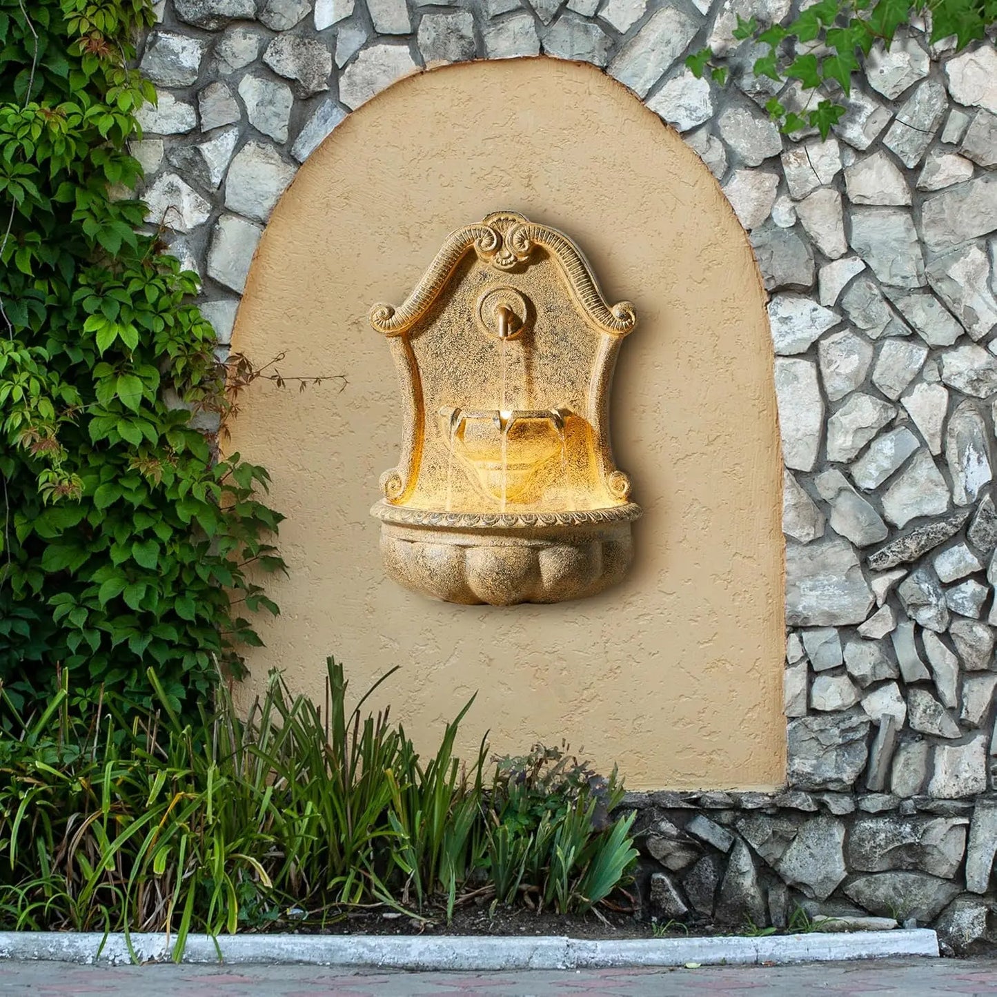 Outdoor Wall Mounted Water Fountain With LED Lights And Pump Oversized Antique European Style 3 Tier Polyresin Cascade