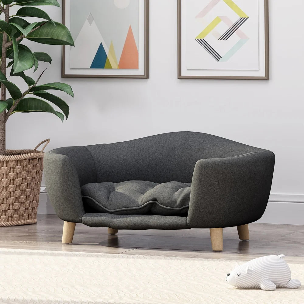Mid Century Modern Plush Pet Bed for Small Dogs with Birch Wood Legs Cozy Tufted Cushion Durable Stylish Design