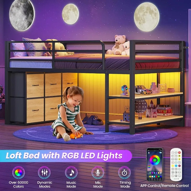 Twin Size Low Loft Bed with 6 Fabric Storage Drawers, Metal Loft Bed Twin with LED Lights & Open Storage Shelves