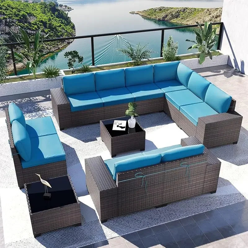 QWQkulavik 6 Piece Outdoor Furniture Set PE Wicker Rattan Sectional Sofa Patio Conversation Sets Navy Blue