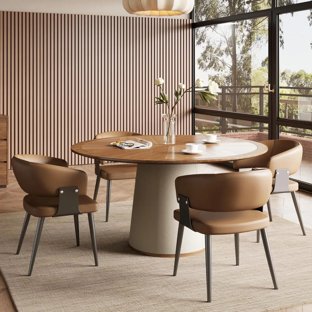 Round Faux Leather Base Dining Table for 4 to 6 People Modern Wood Kitchen Table with Round Solid Wood Veneer Top Ideal for Living Room