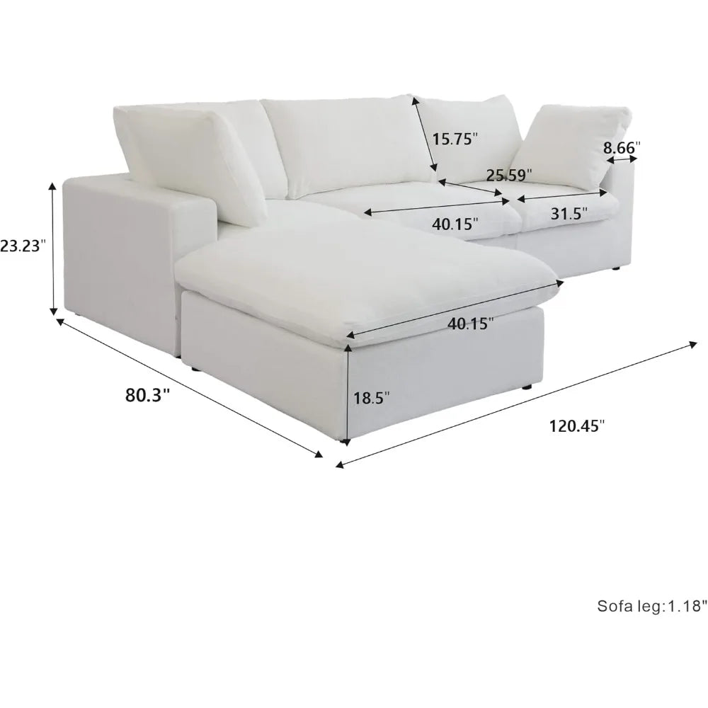 Cloud Modular Sectional Sofa with Storage Ottoman 120.45 Inch L Shaped Couch for Living Room Down Filled Convertible Couch Deep Seat