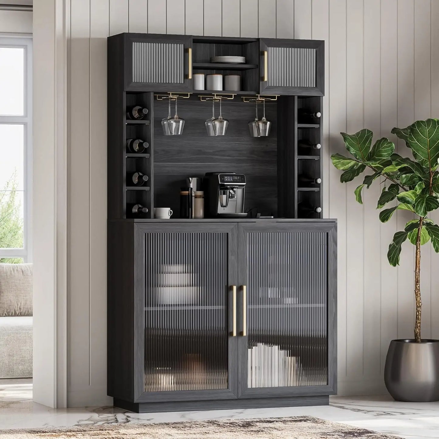 Coffee Wine Bar Cabinet with Power Outlet 72 Inch Rustic Liquor Cabinet Tall Fluted Buffet Cabinet with Storage