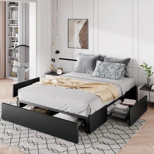 Full Size Platform Bed Frame with 3 Storage Drawers, Faux Leather Upholstered, Wooden Slats Support