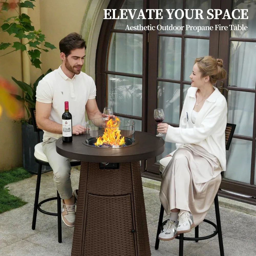 37 Inch Propane Fire Pit Table Outdoor Round Bar High Fire Tables Gas Firepits for Patio Wicker Firepit with Glass F