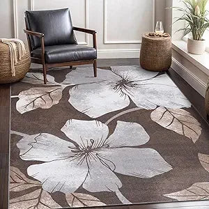 Solana Modern Floral Area Rug 6 Feet 7 Inches by 9 Feet Non Skid Rubber Backing Black Gray Flowers Indoor Rug