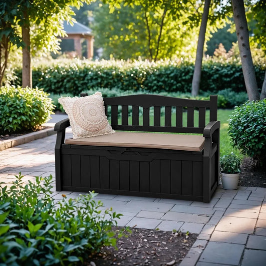 Best Black 80 Gallon Storage Bench Deck Box Lockable Patio Furniture Garden Decor Outdoor Seating Cushions Garden Tools