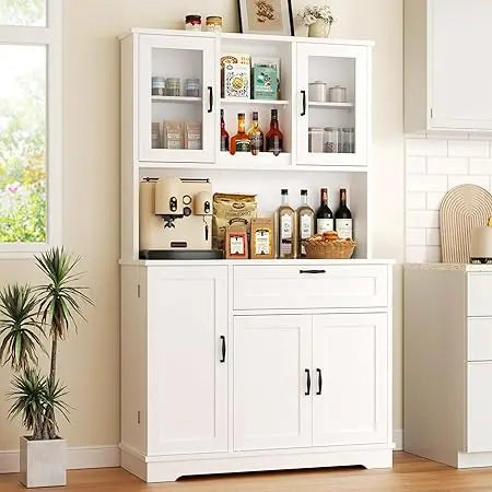 Tall Kitchen Pantry Food Storage Cabinet with Hutch and Microwave Stand Modern Coffee Bar Hutch with Glass Door and Shelves