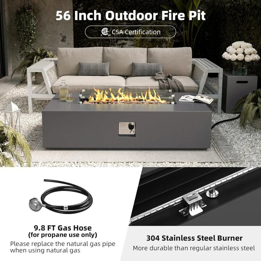 56 Inch Outdoor Propane Gas Fire Pit Table for Patio with Propane Tank Cover 50000 BTU Concrete Rectangle Fire Pit