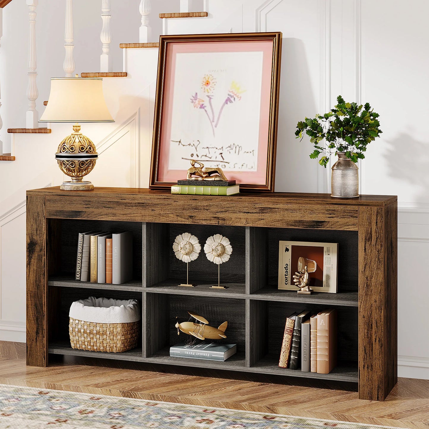 Tribesigns 63-Inch Long Console Table, Rustic Wood Entryway Table with 6 Storage Cubes, Industrial Narrow Sofa Table