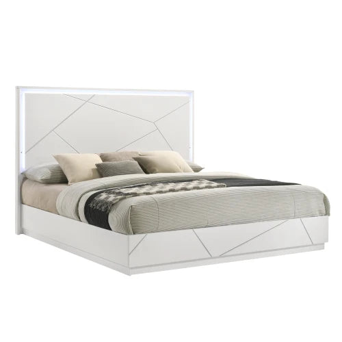 Queen 5 Piece Bedroom Set Modern Design Lacquer Finish Geometric Accents LED Lighting