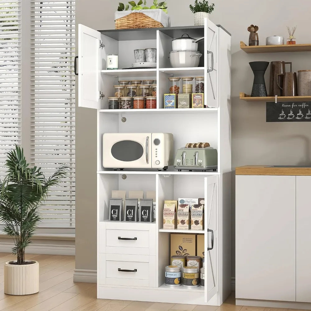 Kitchen Pantry Storage Cabinet with LED Lights and Power Strip Tall Farmhouse Kitchen Pantry with Barn Doors and Drawers