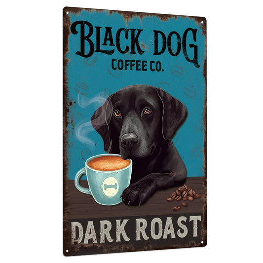 Putuo Decor Black Dog Tin Sign Vintage Coffee Metal Plate Wall Decor 7.8 X 11.8 Inches for Home Living Room Bedroom Cafe