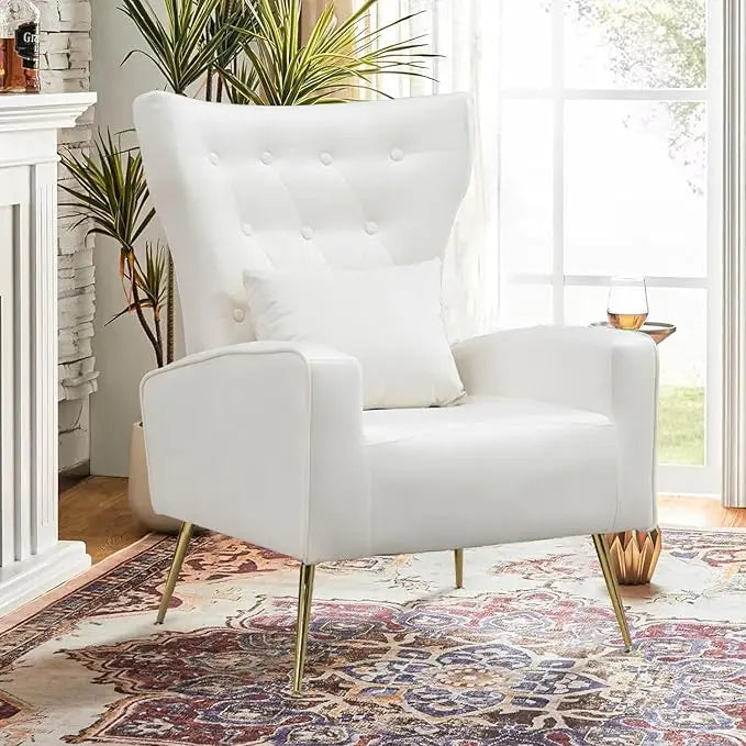 Velvet Accent Arm Chair Mid Century Modern Living Room Chair Wingback Bedroom Side Chair with Gold Legs and Pillow Button Tufted