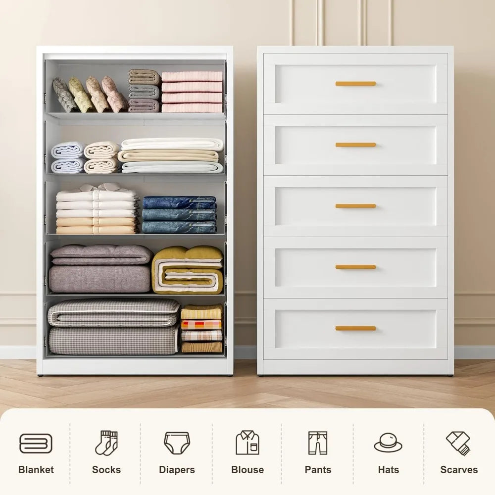 5 Drawer Metal Dresser for Bedroom Tall White and Gold Dresser for Closet Modern Metal Chest of Drawers