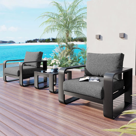 3 Pieces Aluminum Frame Patio Furniture Set With Thick Cushions And Coffee Table All Weather Olefin Fabric Outdoor Chairs