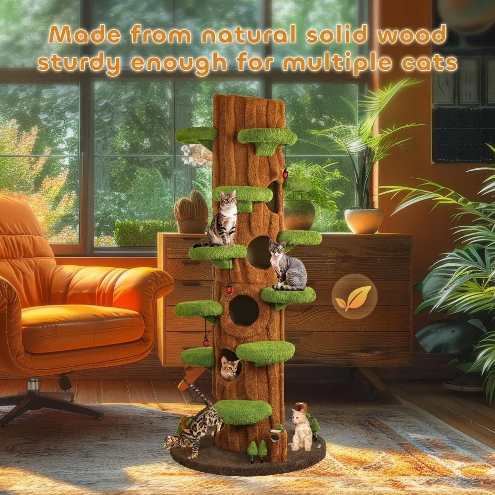 90.5 Inch Luxury Cat Tree with Scratching Pad Solid Wood Cat Tower for Indoor Cats Large Climber Tower Tall Kitty Furniture Mul