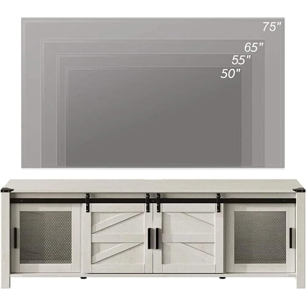 Farmhouse TV Stand for 75 inch TV, 70" Wood Sliding Barn Door Media TV Console Table with Storage Shelf, Entertainment Center