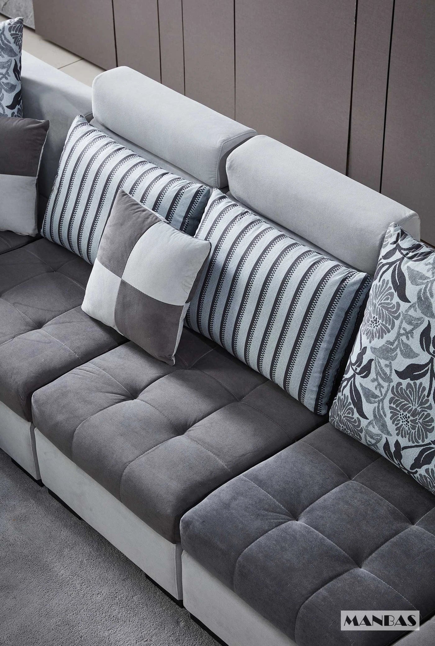 Manbas Dark Grey And Light Grey Fabric Sectional Couch With Chaise U-Shape Living Room Sofa Set With Stools Home Furniture