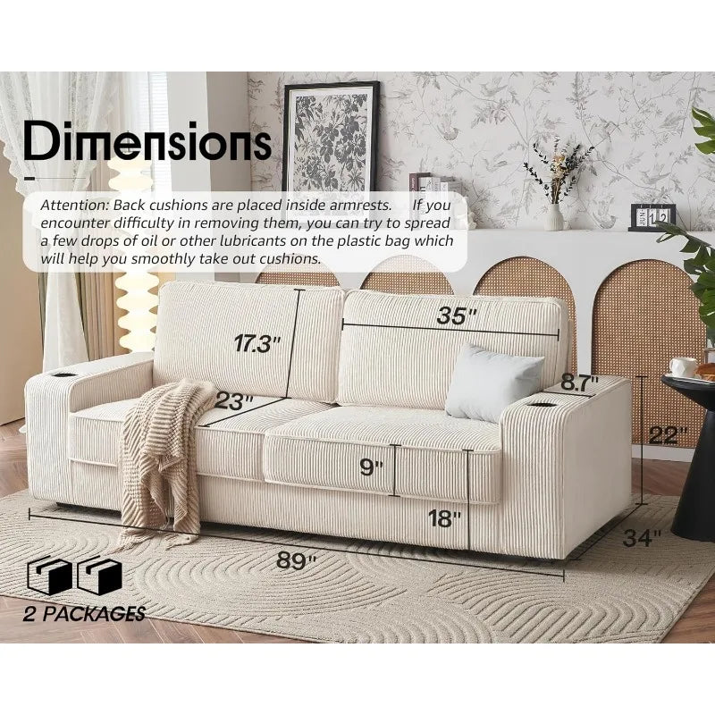 Sofa, 89 Inch Modern Sofa with USB Charging Ports & Cup Holders, Deep Seat Sofa Couch- Comfy Couch for Living Room