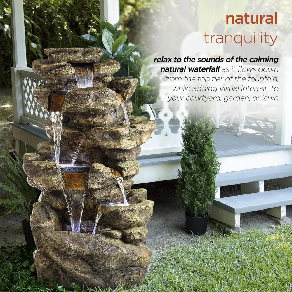 51 Inch Outdoor Six Story Fountain with LED Lights and Natural Stone Appearance for Gardens and Rock Waterfall Fountains