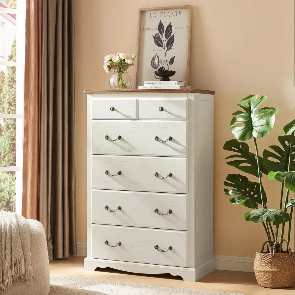 Farmhouse 4 Pieces Bedroom Set with 7 Drawers Dresser 6 Drawer Organizer and Two Nightstands with Charging Station