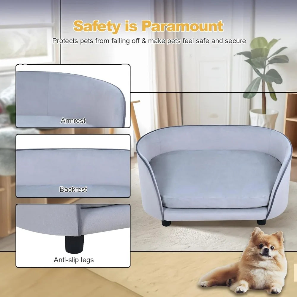 27 Inch Pet Sofa Bed for Small Dogs and Cats with Soft Cushion Removable Cover Anti Slip Pads Gray