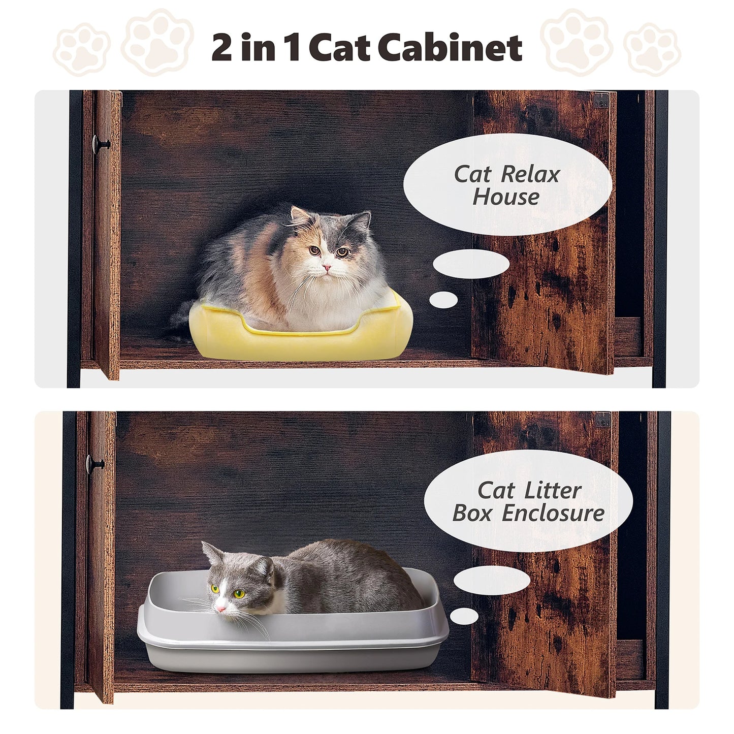 Redlife Cat Litter Box Enclosure w/ 3 Shelves and Doors, 3 in 1 Large Cat House Cabinet Wood Cat Washroom Furniture with Scratch