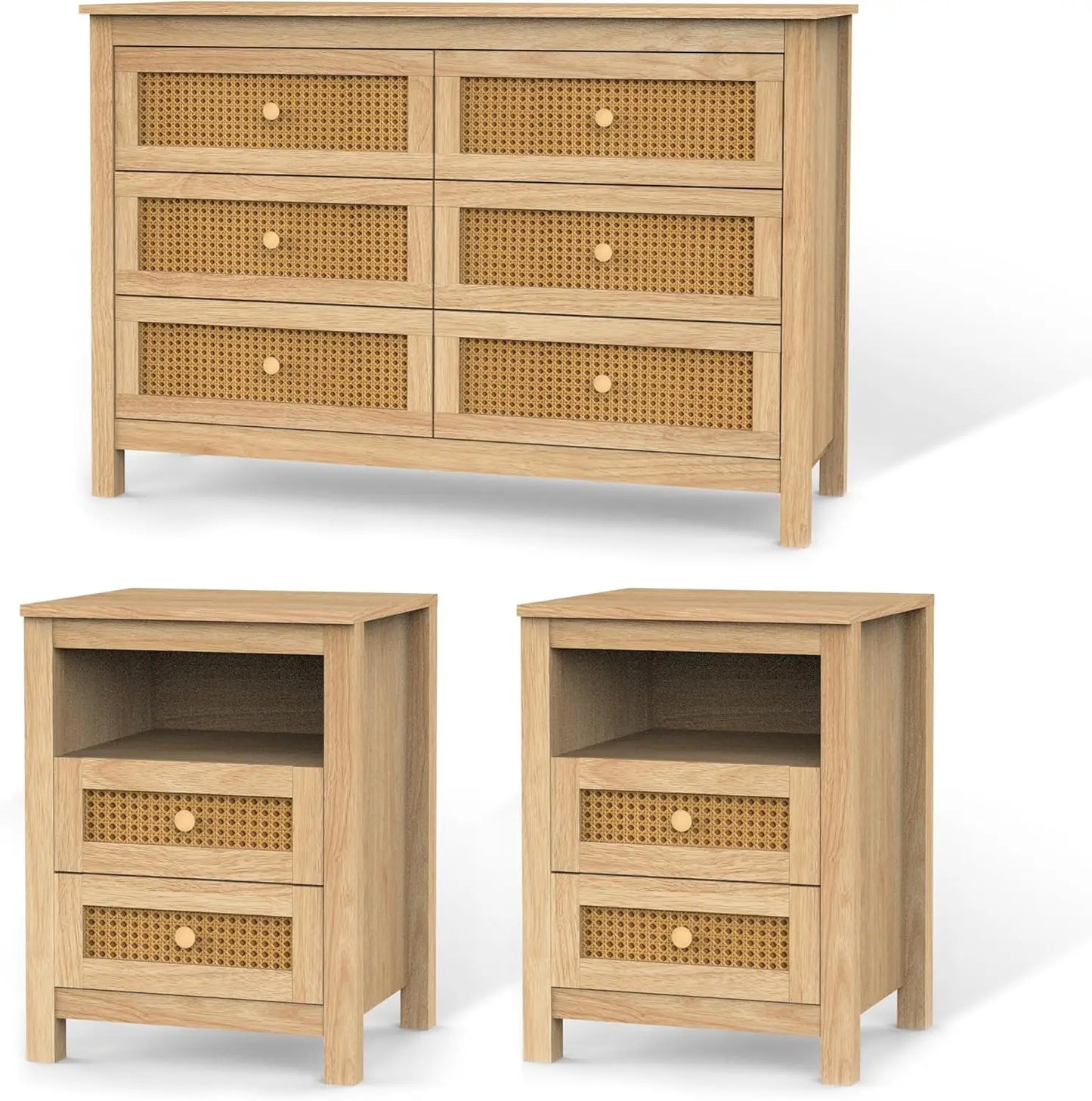 Farmhouse Bedroom Set 3 Pieces Rustic Wood 6 Drawer Dresser Nightstands Chest of Drawers Wide Storage