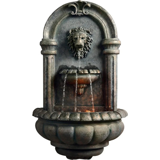 32.1 Inch Wall Mounted Lion Head Stone LED Outdoor Water Fountain for Gardens Patios Landscaping and Balconies