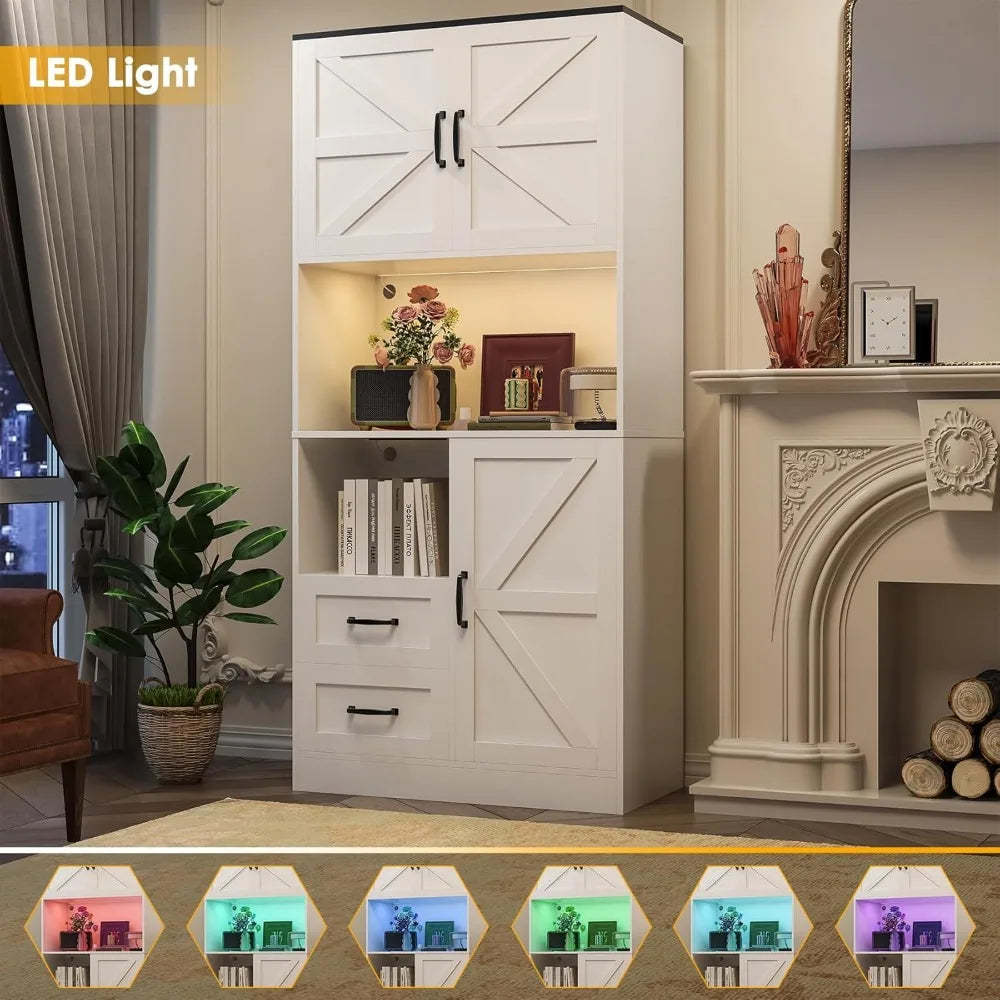 Kitchen Pantry Storage Cabinet with LED Lights and Power Strip Tall Farmhouse Kitchen Pantry with Barn Doors and Drawers