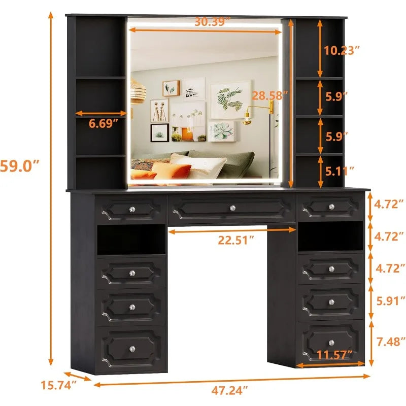 Black X-Large Makeup Vanity with LED Lighted Mirror and 9 Drawers Storage Shelf 47 Inch Dressing Table